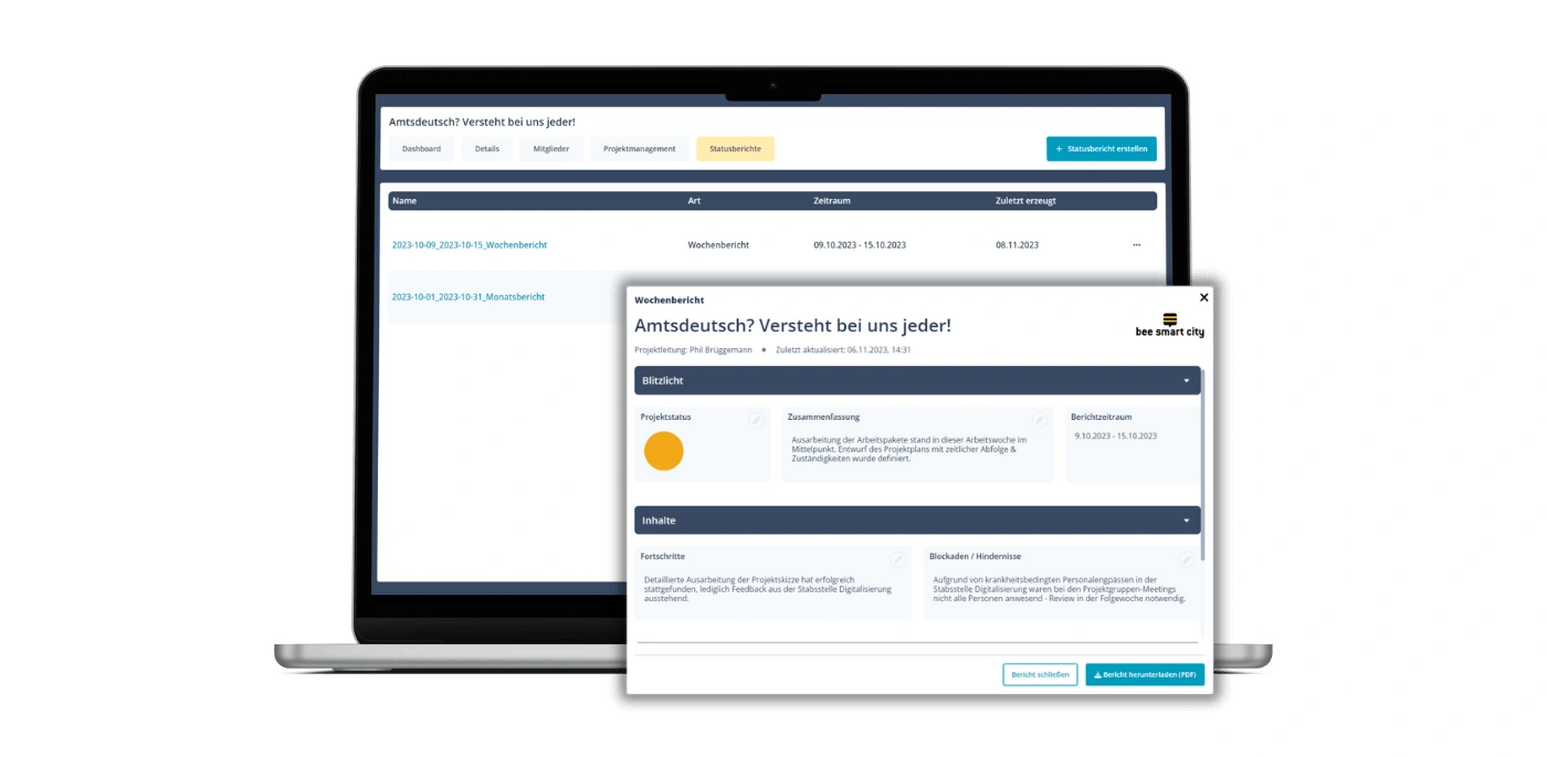 Frontend of the smart city toolbox. View of status reports